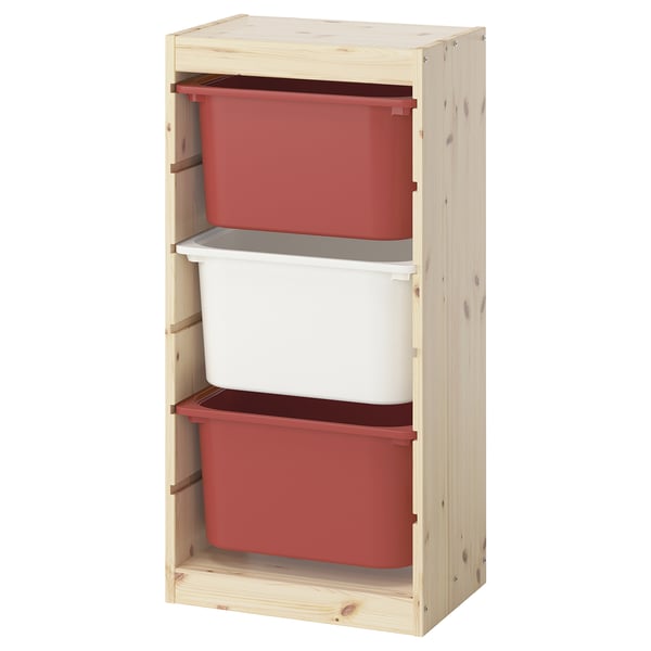 Ikea TROFAST: heller Holzrahmen, rote und weiße Behälter, verstellbarer Stauraum, Organizer für Kinderspielzeug.