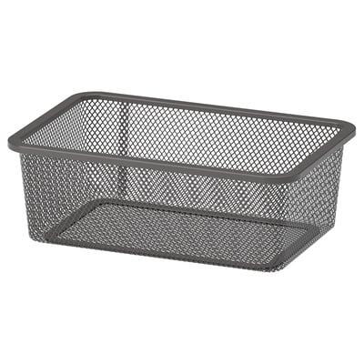 Eine TROFAST Gitterbox in Grau aus Stahl mit Pulverbeschichtung. Es ist rechteckig und zum Organisieren von Gegenständen konzipiert.
