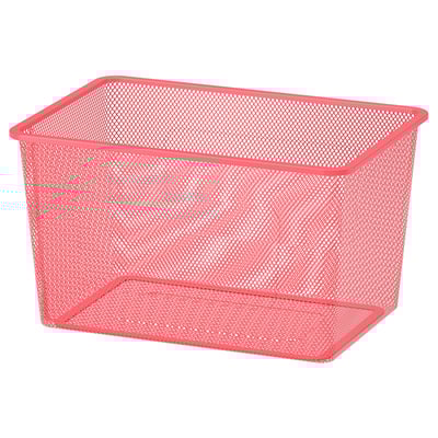 Hellrosa Mesh-Aufbewahrungskorb mit quadratischer Form, ideal zum Organisieren von Gegenständen, aus Stahl mit Epoxidbeschichtung.
