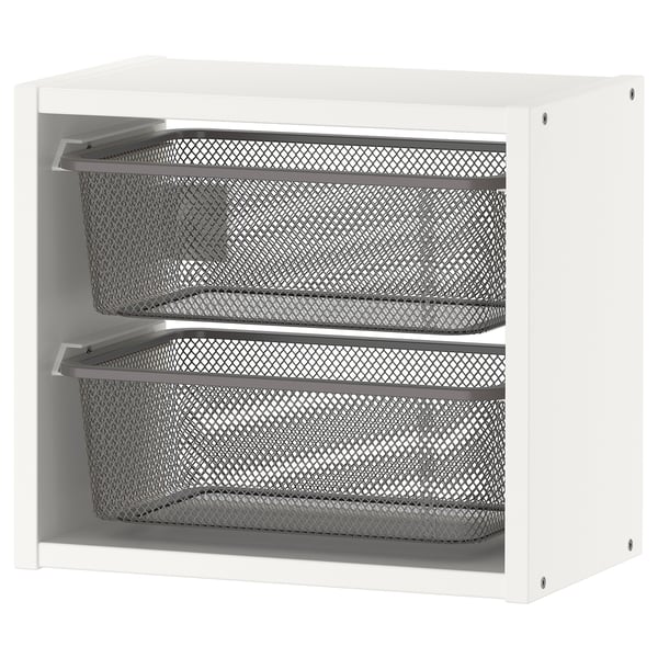 Weißer TROFAST Wandschrank mit zwei grauen Gitterboxen.