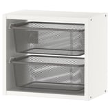 Weißer TROFAST Wandschrank mit zwei grauen Gitterboxen.