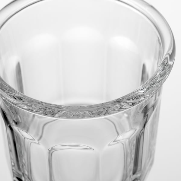 Klares, robustes Glasgefäß; glatte, langlebige Felge; Strukturierte, gerippte Seiten.