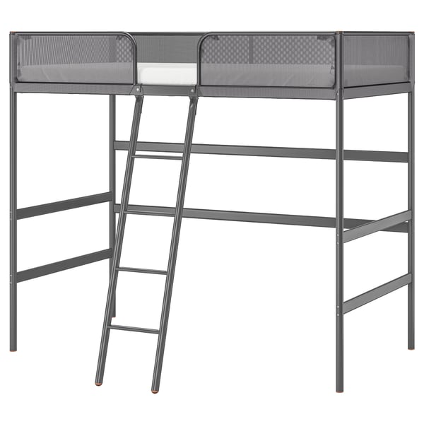 Ein graues Hochbett von TUFFING mit Metallrahmen und Netzeinsätzen, das platzsparend gestaltet ist.