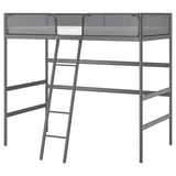 Ein graues Hochbett von TUFFING mit Metallrahmen und Netzeinsätzen, das platzsparend gestaltet ist.