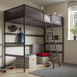 Schwarzes TUFFING-Hochbett mit Leiter, kompakt für den Raum, Metallrahmen, unter Stauraum/Sitzgelegenheiten, Taschen, Büchern, Sportgeräten.