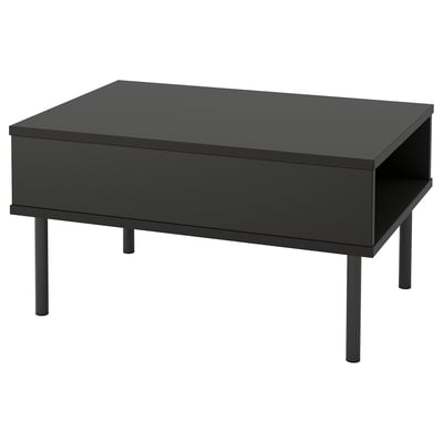 Schwarzer moderner Couchtisch mit quadratischer Platte, Einzelschublade und Metallbeinen.
