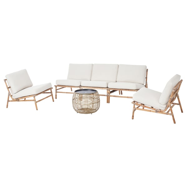 TVARÖ Outdoor-Set: weißes Korbsofa, 2 Stühle, Glastisch.