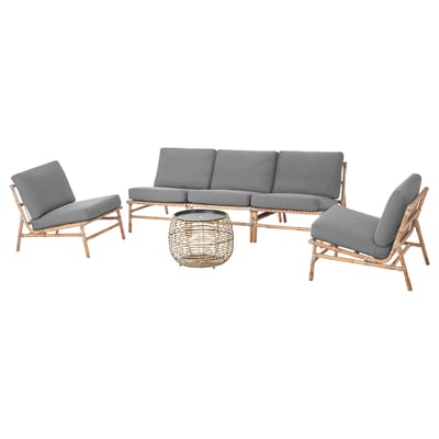 TVARÖ Outdoor-Möbelset: graue Kissen, geflochtenes Rattan, 3-teiliges Bohème-Design.