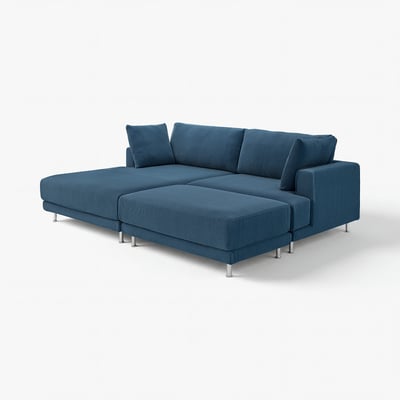 UPPÅKRA blaues Ecksofa mit klaren Linien, weichen Polstern und Chrombeinen.