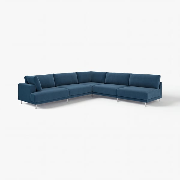Blaues UPPÅKRA-Ecksofa, modernes Design mit weichen Kissen auf Chrombeinen.