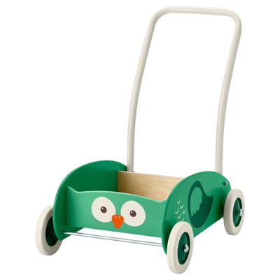 Der UPPSTÅ Lauflernhilfe für Kleinkinder ist ein Eulen-Design in Grün mit weißen und orangefarbenen Akzenten, aus Holz gefertigt und verfügt über einen verstellbaren Griff und Räder zur Unterstützung.