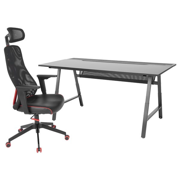 Bunter Gaming-Schreibtisch und roter Netzstuhl. Verstellbar, atmungsaktiv. Ideal für Spiele oder Büros.