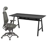 Schwarzer Schreibtisch mit Netzdesign und ergonomischem Stuhl mit schwarzem Netz und grauem Sitz.