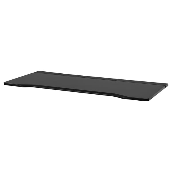 Eine schlanke schwarze UTMANING-Tischplatte mit glatter Oberfläche. Es ist rechteckig mit sanft abgerundeten Kanten.