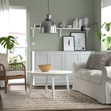 Modernes Wohnzimmer mit grünen Wänden, Holzboden, Teppich, weißen Möbeln und Regaldekor.