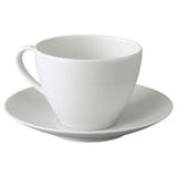 Teetasse aus weißem Feldspatporzellan mit passender Untertasse, schlichtes Design.