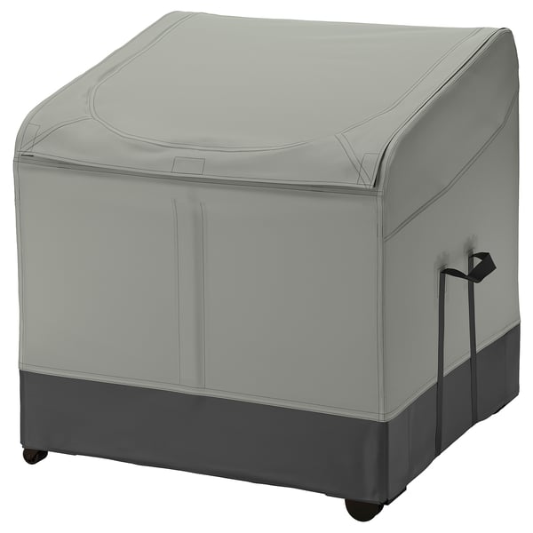 Eine graue wasserdichte Aufbewahrungsbox von VÄTTERSÖ mit Belüftung für Outdoor-Kissen.