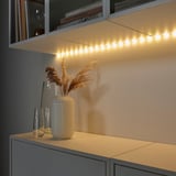 LED-Streifen beleuchten Regale mit Vasen und Pflanzen warm.
