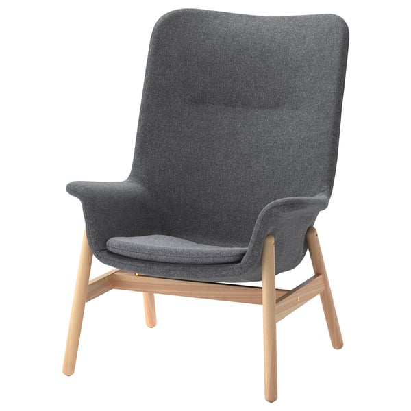 Moderner grauer Sessel mit hoher Rückenlehne, geschwungenen Linien, Holzbeinen. Elegantes und komfortables Design.