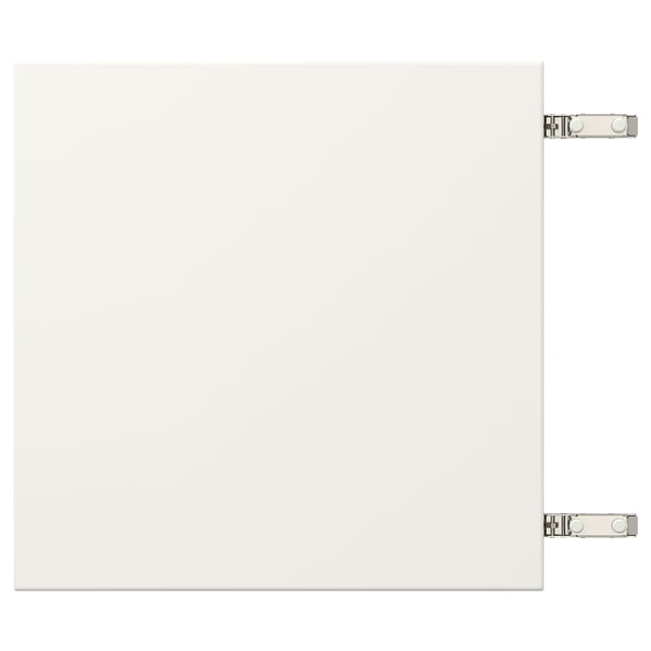 Weiße Schranktür mit zwei Scharnieren, Stahl vernickelt. Einfaches und minimalistisches Design.