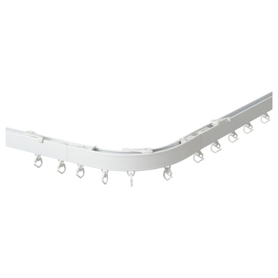 Weißes VIDGA-Gardinenstangensystem, gebogen, aus Aluminium, pulverbeschichtet, mit mehreren Haken, minimalistisches modernes Design.
