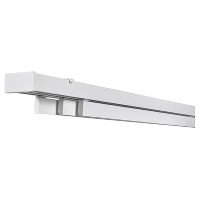 Eine VIDGA dreigleisige Schiene, weiß, aus Aluminium und Kunststoff, mit einem schlanken und modernen Design.