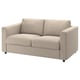 Ein beiges Ikea VIMLE 2-Sitzer-Schlafsofa mit strukturiertem Stoffbezug. Es hat ein einfaches, modernes Design mit geraden Linien und stützenden Kissen.