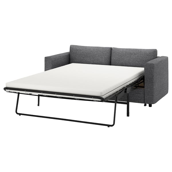 Graues VIMLE Schlafsofa, halboffen mit weißer Matratze, Metallrahmen, neutrales Design.