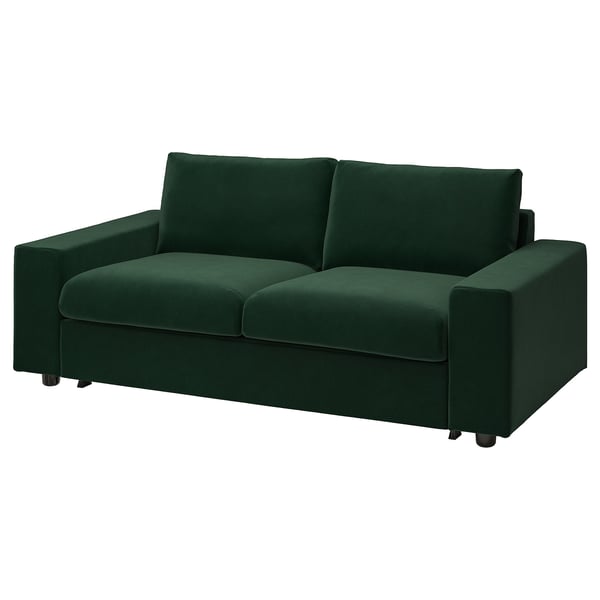 Modernes Schlafsofa aus grünem Stoff mit quadratischen Armlehnen und Kissen.