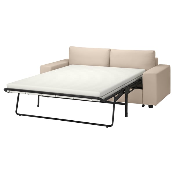 VIMLE beiges Schlafsofa, modernes minimalistisches Design. Cremefarbene Polsterung, Metallgestell. Cabrio mit dicker Matratze.