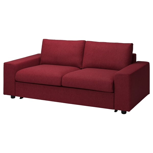Schlafsofa aus rotem Stoff, modernes Design, Zweisitzer, gepolsterte Kissen, Holzbeine.