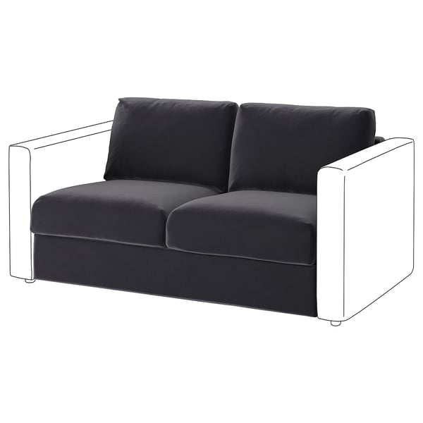 VIMLE 2-Sitzer-Schlafsofa aus grauem Samt mit weißen Holzarmlehnen und Plüschkissen.