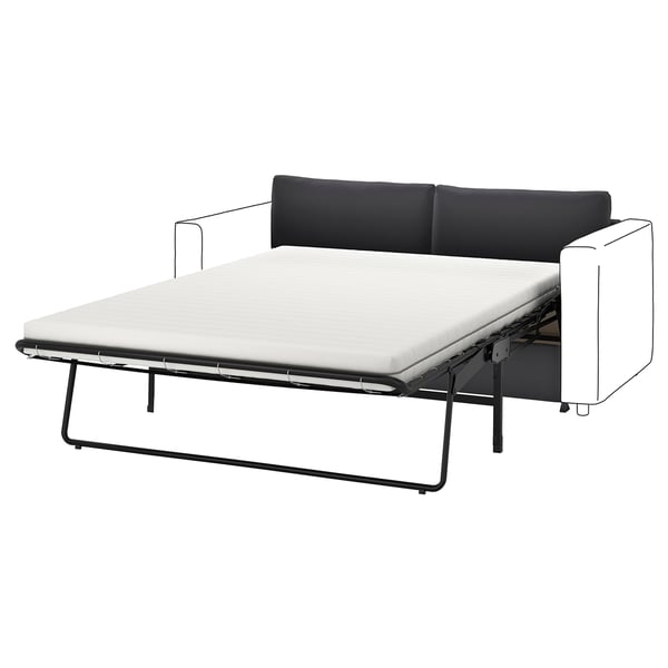Schwarzes VIMLE Schlafsofa mit Metallbeinen, vollständig ausgezogen zu einem Bett.