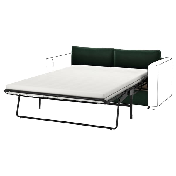 Ein modernes smaragdgrünes Schlafsofa mit Metallrahmen und Schaumstoffmatratze, perfekt für kleine Räume.