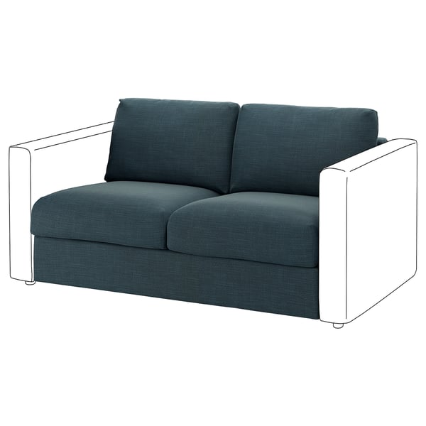 Ein blaugrünes VIMLE 2-Sitzer-Schlafsofa mit quadratischen Armlehnen und abnehmbaren Kissen.