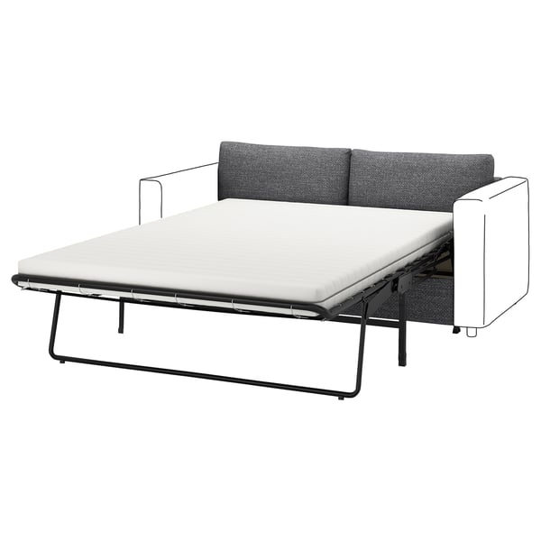 Modernes graues Schlafsofa, schlankes Design, Metallrahmen, wandelbar mit Kissen.