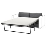 Modernes graues Schlafsofa, schlankes Design, Metallrahmen, wandelbar mit Kissen.