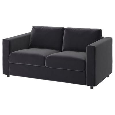 VIMLE schwarzes Sofa. Modernes, kompaktes Design mit weichem Samtbezug, zwei Kissen, stabilem Holzrahmen.