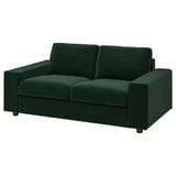Dunkelgrünes VIMLE Sofa mit modernem Design, Polyesterkissen, Holz- und Metallrahmen.