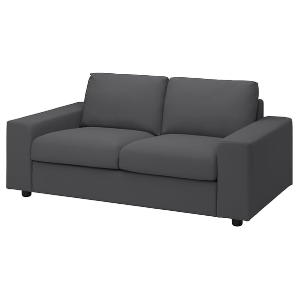 Graues VIMLE Sofa. Moderner, zweisitziger, quadratischer Sitzer, dunkelgrauer Stoff.