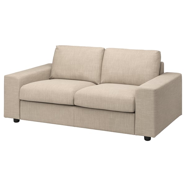 Modernes beiges Sofa mit klaren Linien, zwei Kissen, abnehmbaren, waschbaren Bezügen.