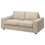 Modernes beiges Sofa mit klaren Linien, zwei Kissen, abnehmbaren, waschbaren Bezügen.