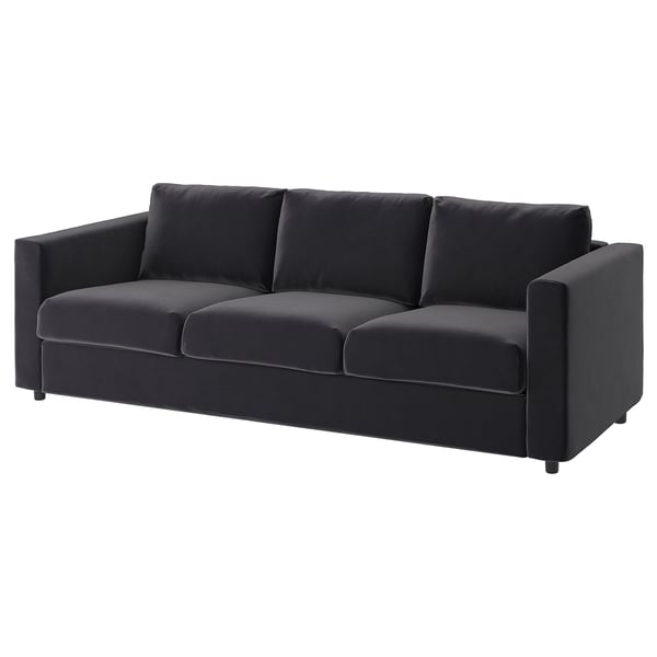Ein modernes, dunkelgraues VIMLE-Sofa mit schlankem Design, Plüschkissen und Schlafsofa-Mechanismus.
