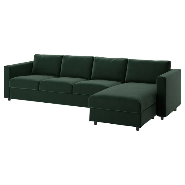 Dunkelgrünes Sektionssofa VIMLE mit rechter Chaiselongue und Holzbeinen.