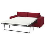 Rotes Schlafsofa mit weißer Matratze, minimalistisches Design, Metallrahmen.