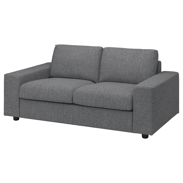 Das VIMLE 2-Sitzer-Sofa ist ein grauer, strukturierter, maschinenwaschbarer Bezug mit modernem, rechteckigem Design und schwarzen Holzbeinen.