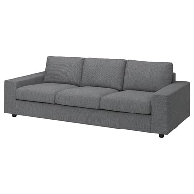 Graues VIMLE 3-Sitzer-Sofa, geflochten, maschinenwaschbar, Beine aus dunklem Holz.