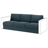 Blaues Stoffsofa, modernes Design, drei Kissen, weißes Gestell.