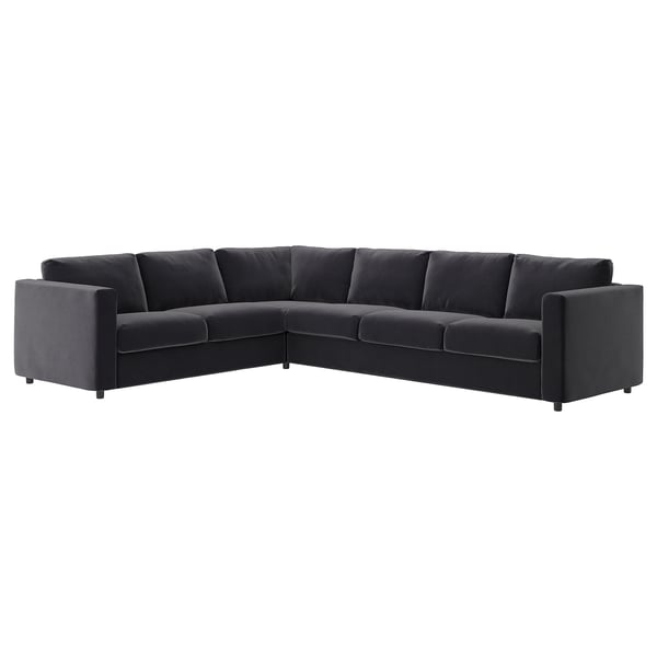 Modernes dunkelgraues L-förmiges Samtsofa, schlankes und minimalistisches Design.