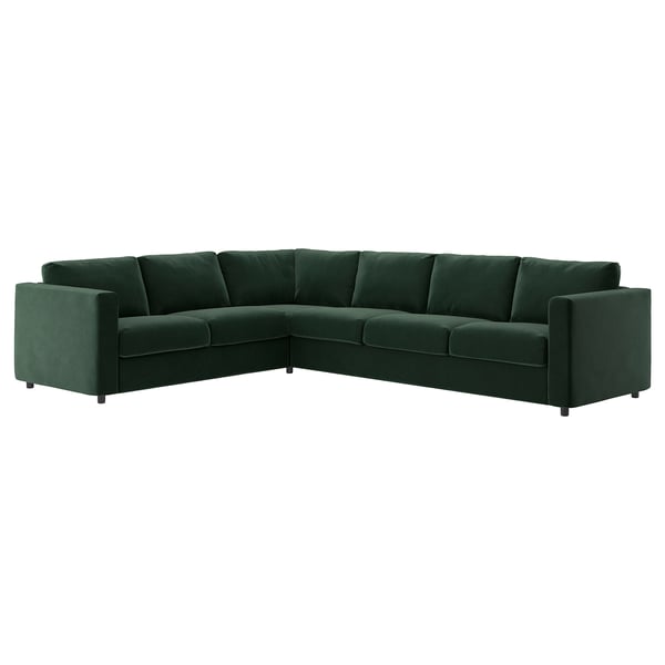 VIMLE dunkelgrünes, l-förmiges Samtsofa mit recyceltem Anteil und Massivholz.